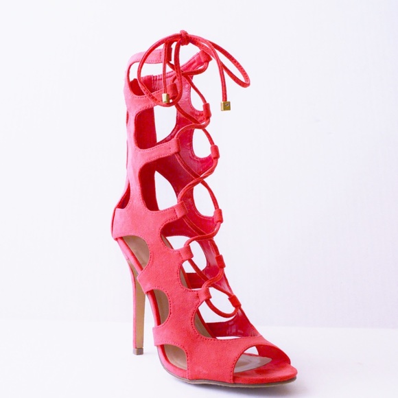 Breckelles Red Lace-Up Heels - Picture 1 of 5